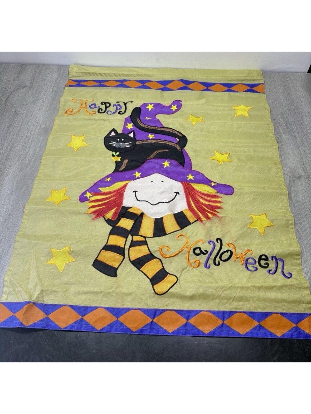 Vintage Happy Halloween Holiday Outdoor Flag Home Decor Witch Cat 28”x39”